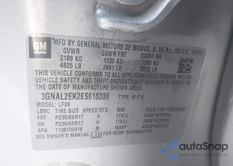 2014 Chevrolet Captiva Sport 2Ls z USA, uszkodzony, nr VIN 3GNAL2EK2ES616338